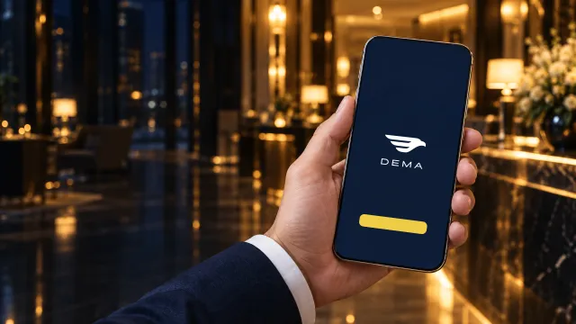A hand holding a phone with the DEMA lockup on its navy screen, a warm hotel lobby softly out of focus behind