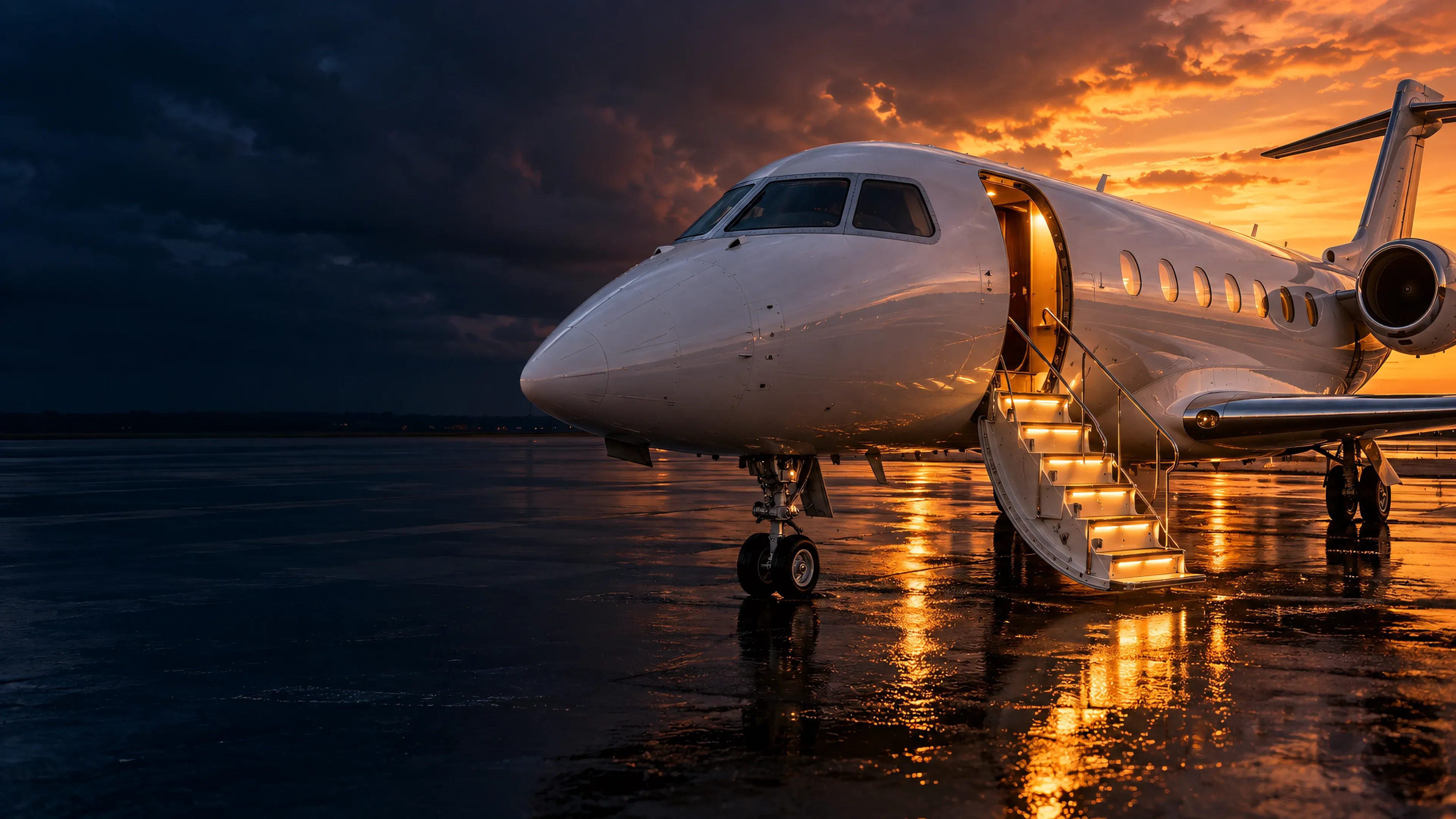 A private jet on a wet apron at sunset, its airstairs down and lit, the orange sky reflected in the tarmac