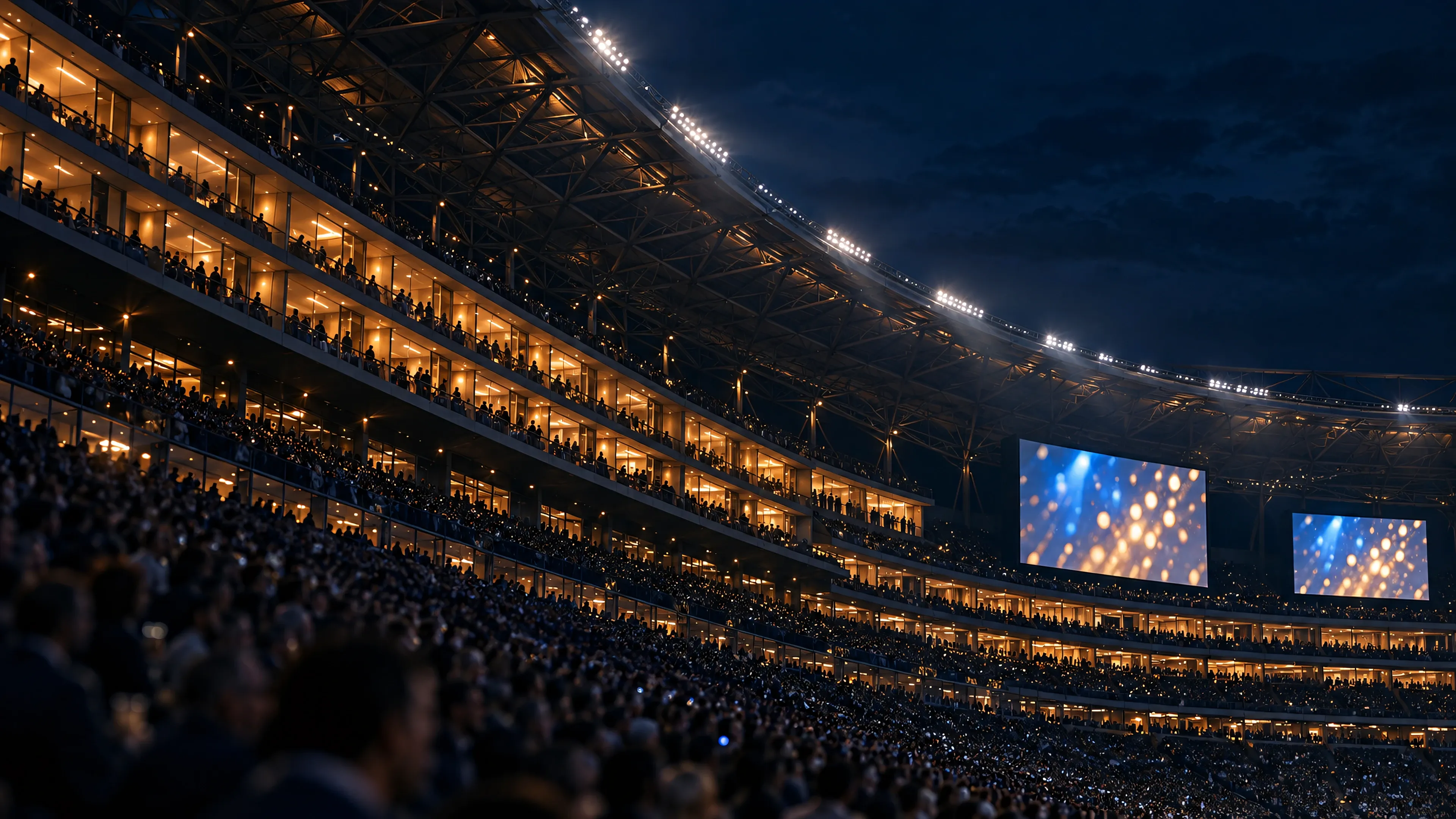 Hospitality suites lit amber above a full stadium at night, floodlights along the roof truss and two large screens glowing with abstract light
