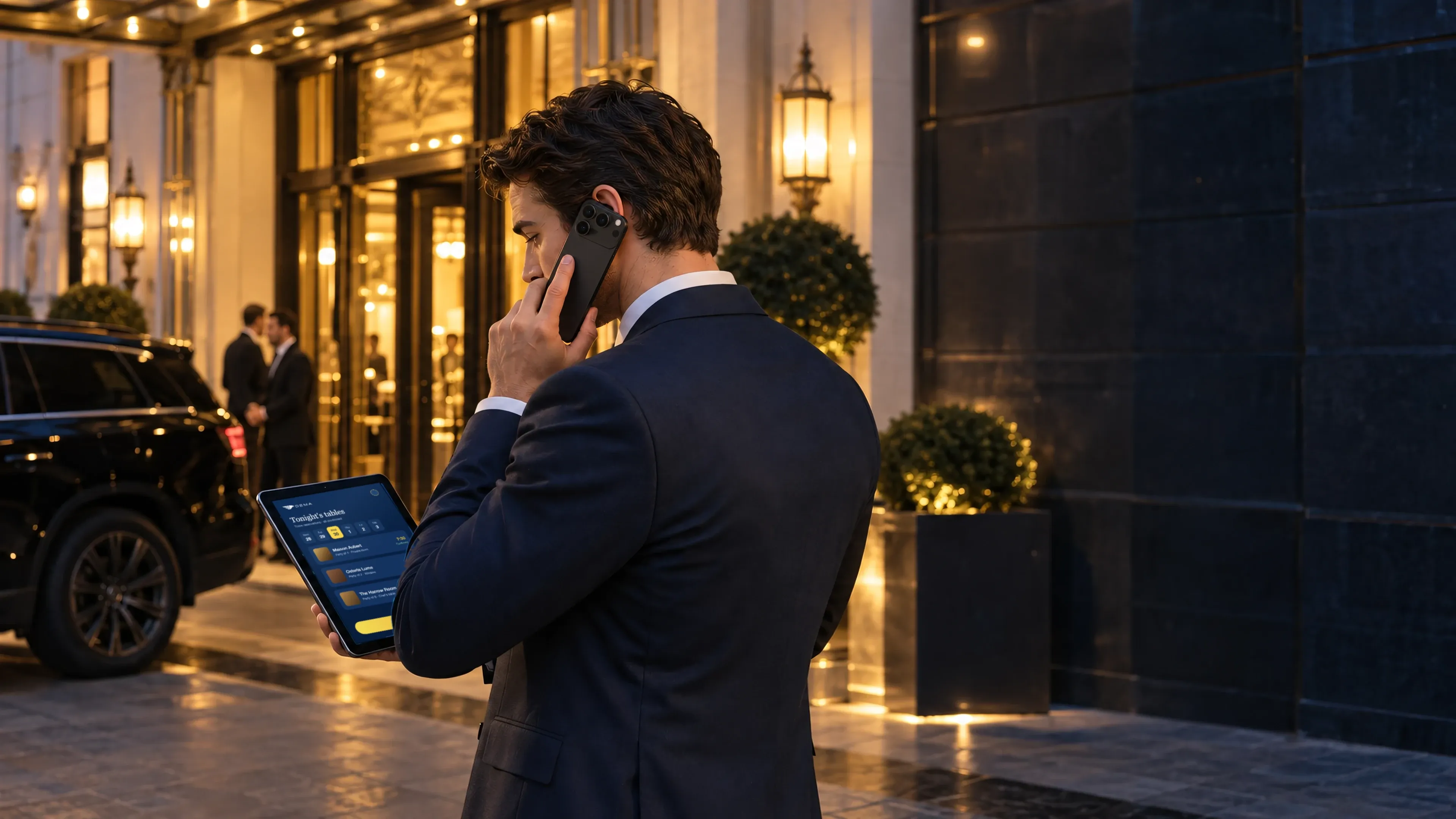 The Head Mobile Concierge on a phone call outside a hotel entrance in the evening, a tablet glowing with an abstract display in his hand, two colleagues and a black SUV behind him